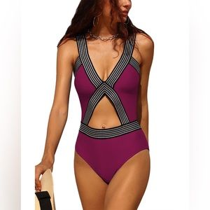 NWT- One-Piece Cut Out Bathing Suit- Burgundy with black and silver straps- M